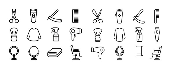 Barber and hair salon icon set: scissors, razors, hairdryer, mirror, comb