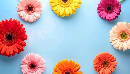 Colorful gerbera daisies border light blue surface. Flat lay floral arrangement with central empty space, vibrant colors