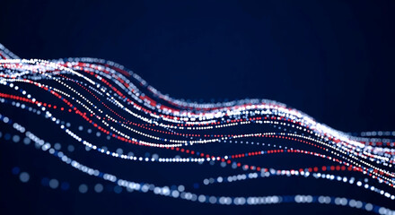 Abstract Digital Wave of Red and White Glowing Dots on Dark Blue Background for Technology