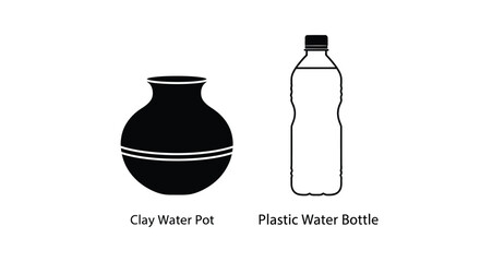Simple illustration of a clay pot and a plastic water bottle side by side