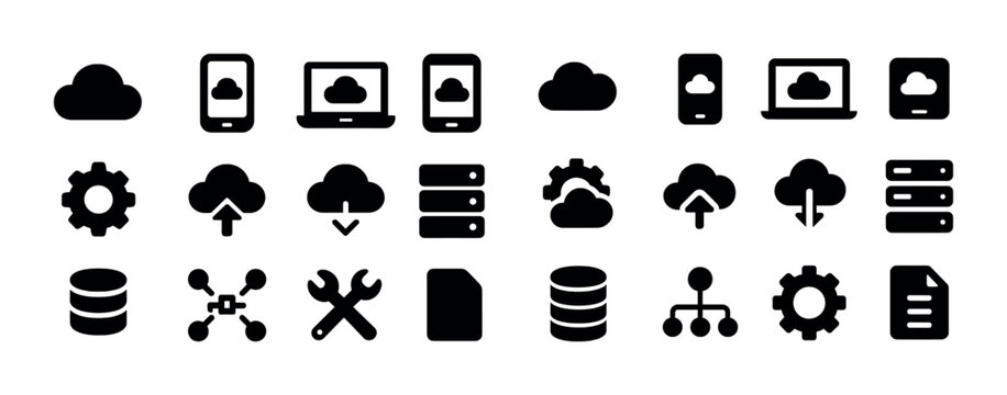 Cloud technology icons set: devices, servers, data, network, tools