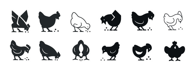 Obraz premium Set of twelve chicken silhouettes peaking at grains
