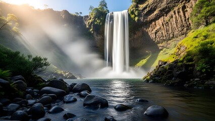 Majestic waterfall cascading into a serene rocky pool