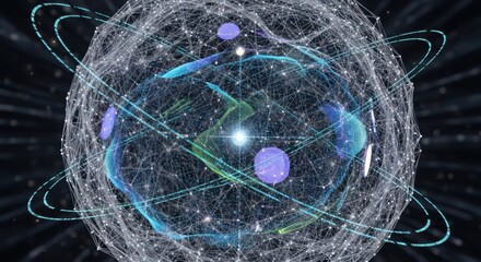 Abstract atomic structure with orbiting electrons and glowing nucleus image