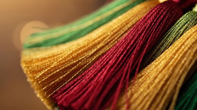 Close-up view of decorative silky tassels with the colors of Brazil national flag