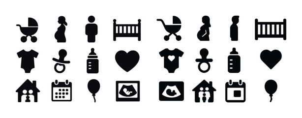 Baby and family icons collection: stroller, bottle, crib, heart, house, balloon, calendar