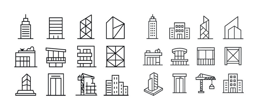 Minimalist set of modern building icons - skyscrapers, offices, apartments