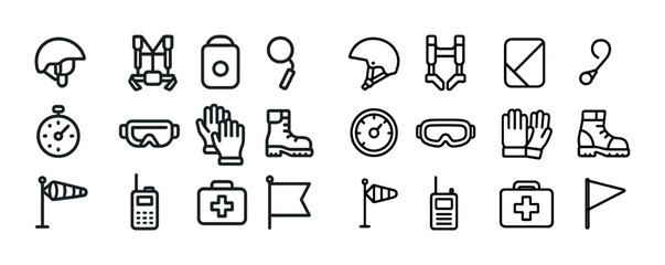 Set of 24 adventure and safety icon illustrations in bold outline style
