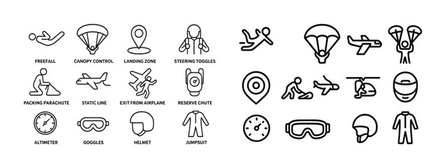 Skydiving icons set: equipment, techniques, and parachute elements
