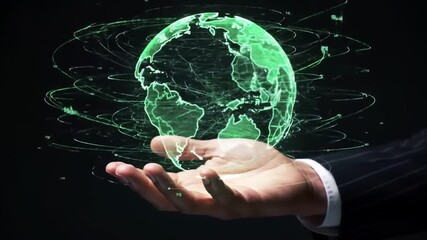 Hand holding glowing green earth with digital network. - Powered by Adobe