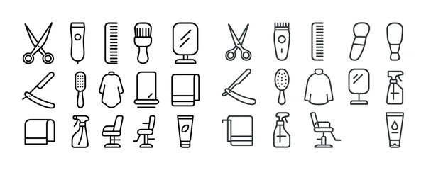 Barber shop tools and accessories line icons collection
