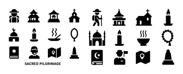 Sacred pilgrimage icons set including mosque, temple, church, candle, map, pilgrim, rosary, kettle