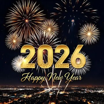 A vibrant fireworks display illuminates the night sky above a city, celebrating the arrival of the year 2026 with golden text.