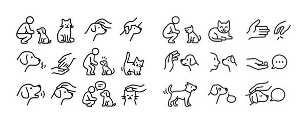 Illustrated animal and human interaction icons set