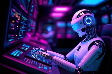Futuristic Humanoid Robot at High-Tech Control Panel – Photorealistic Sci-Fi 3D Render
