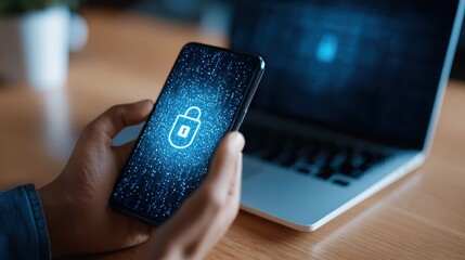 Digital Security Concept with Smartphone Displaying Lock Icon and Laptop in Background for Cyber Protection and Online Privacy Illustration