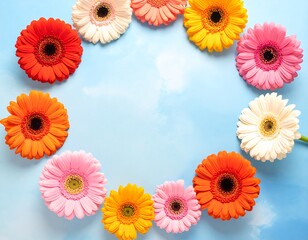 Colorful gerbera daisies in a circular arrangement over a light blue background with white cloud-like patterns