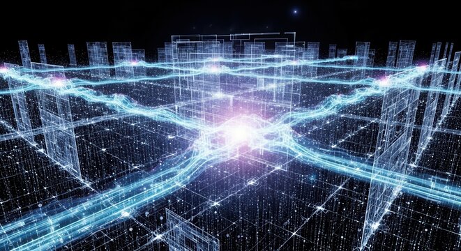 Abstract digital city grid with glowing blue energy lines and data points network - Powered by Adobe