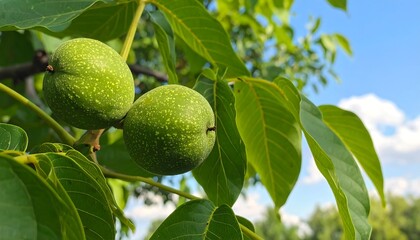 Close-up of unripe green walnuts on a branch with textured leaves and a blue sky with fluffy clouds in the background