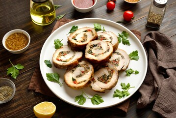 Sliced diet pork roll stuffed with mushroooms, red bell pepper, spinach