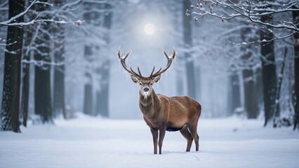 Majestic deer standing in a snowy forest scene with antlers and winter landscape