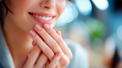 Beautiful hand care demonstration model showing manicure on nails faceless woman defocused salon background cosmetics beauty makeup scene professional nail treatment