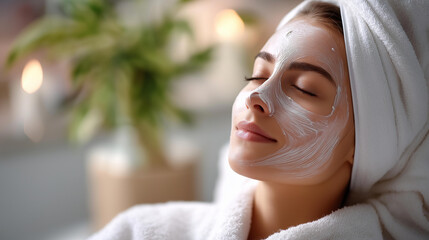 Cream mask in beauty facility setting defocused treatment background facial skincare product cosmetic therapy tool professional beauty visualization with copy space