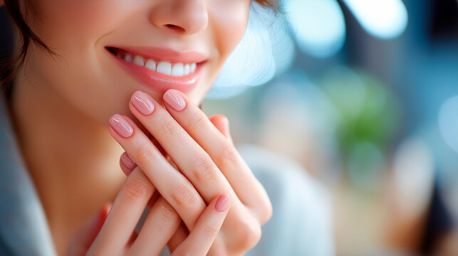 Beautiful hand care demonstration model showing manicure on nails faceless woman defocused salon background cosmetics beauty makeup scene professional nail treatment