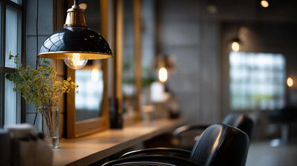 Modern interior of beauty facility consisting of nail service and styling area defocused black lamps concrete wall background mirrors chairs equipment in establishment scene