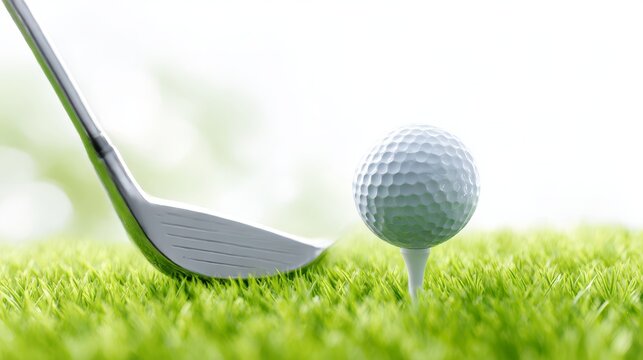 A shiny golf ball is positioned on a tee, ready for a shot. A golf club is poised to strike, set against a backdrop of green grass and bright sunlight