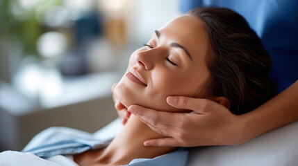 Obraz premium Beautiful client in professional beauty establishment during photo rejuvenation faceless woman defocused treatment background skincare procedure scene cosmetic technology