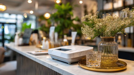 Modern elegant interior design of professional beauty establishment spa defocused luxury styling background facial hair treatment machine cosmetic products shelf reeded glass