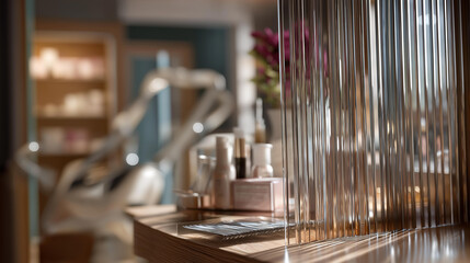 Modern elegant interior design of professional beauty establishment spa defocused luxury styling background facial hair treatment machine cosmetic products shelf reeded glass