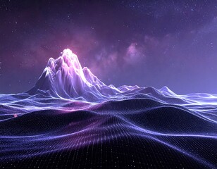 Digital mountain landscape with glowing peak against a purple, starry sky, rendered with a network of interconnected lines