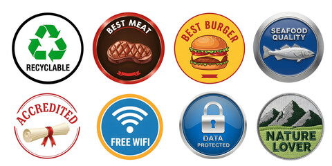 Quality Food, Technology, and Eco Vector Badge Set Data Protected, Accredited, Best Meat, Free Wifi, and Recyclable Seals for Restaurant and E-commerce Graphics.