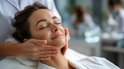 Beautician makes facial massage to client faceless professionals defocused treatment background skincare therapy scene relaxation service moment beauty procedure