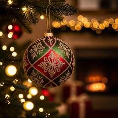 Festive red and gold Christmas ball ornaments hanging on a decorated winter holiday tree