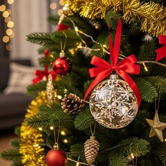 Christmas tree decoration, gold and red ornaments on a fir branch for holiday celebration