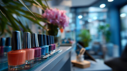 Modern beauty facility interior showcasing variety of nail polish colors on display defocused tranquil ambiance background professional nail service setting product
