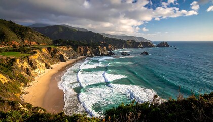 Coastal view waves crash on a sandy beach nestled between cliffs and lush hills under a partly cloudy sky