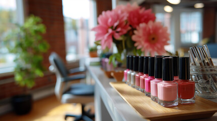 Modern beauty facility interior showcasing variety of nail polish colors on display defocused tranquil ambiance background professional nail service setting product