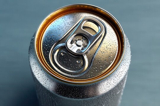 Refreshing cold beverage can with condensation glistening, ready to quench thirst on a warm day, perfect for refreshment ads.