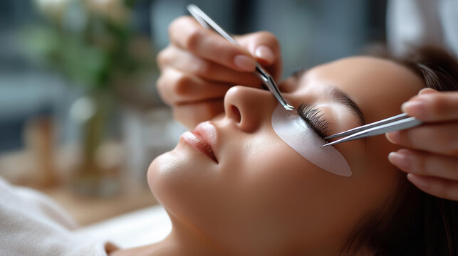 Eyelash extension procedure master tweezers fake lashes beautiful eyes faceless professional and client defocused treatment background lash application scene beauty