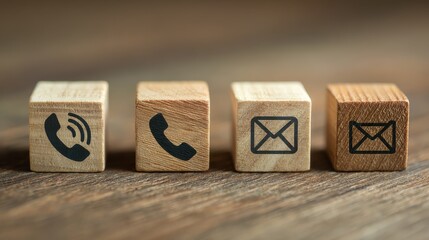 Wooden blocks with communication symbols depicting phone and email on a wooden surface representing contact methods in business and personal interactions