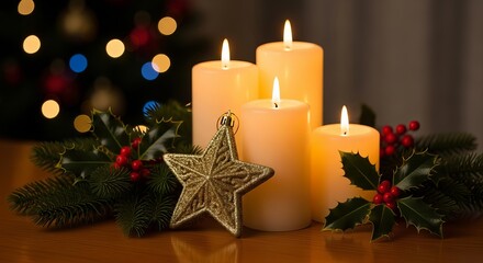 Christmas candles and gold ornaments creating a warm holiday decoration light on a winter night
