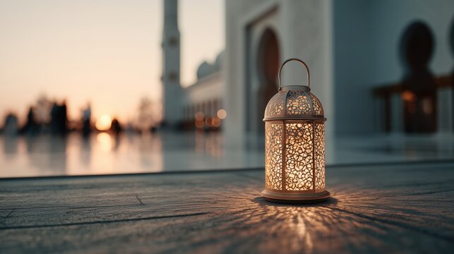 Beautiful intricate Islamic lantern (Fanous) glowing on the marble floor of a mosque at sunset. Ramadanl background. Concept of Ramadan Kareem and Eid al-Fitr.