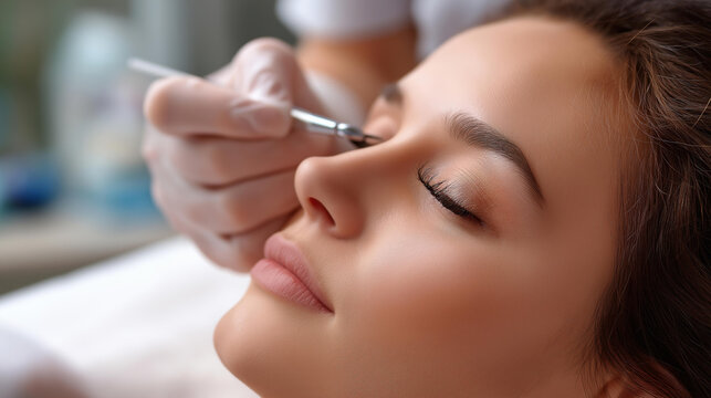 Eyelash extension procedure in beauty establishment faceless professional and client defocused treatment background lash application scene cosmetic enhancement moment