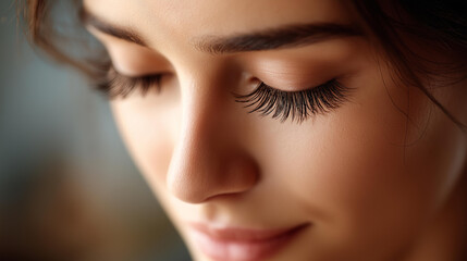 Fototapeta premium Beautiful individual with extreme long false eyelashes faceless woman defocused background eyelash extensions makeup cosmetics beauty skincare scene with copy space