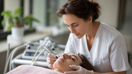 Beautician doing permanent eyebrows makeup application on client face faceless professionals defocused treatment background cosmetic tattooing procedure beauty enhancement