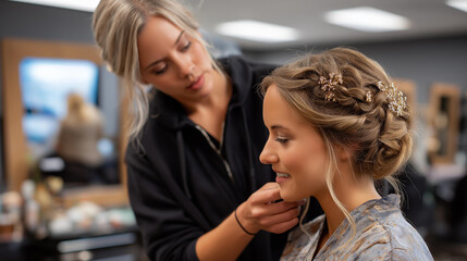 Hairdresser making hairstyle on bride in beauty establishment faceless professionals defocused salon background wedding preparation scene special occasion styling moment with